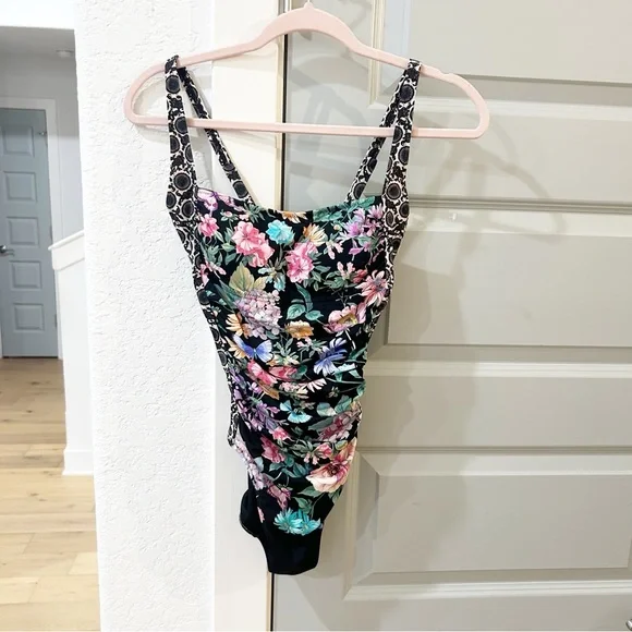 NWT Johnny Was Black Butterfly Floral Ruched One Piece Swimsuit - Picture 2 of 4